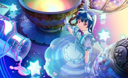  1girl alice's_adventures_in_wonderland alice_(alice_in_wonderland) alice_(alice_in_wonderland)_(cosplay) apron black_border blue_dress blue_hair blunt_bangs border bow clock commentary_request cosplay dress game_asset gloves hair_bow highres letterboxed long_hair looking_at_viewer love_live! love_live!_sunshine!! magic_circle magical_girl motosu_towa motosu_towa_(cosplay) non-web_source official_art pillarboxed planet puffy_short_sleeves puffy_sleeves ribbon self-datamine short_sleeves solo star_(symbol) star_print striped_bow transparent_background tsushima_yoshiko violet_eyes white_gloves world_dai_star 