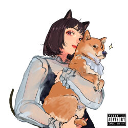  1girl animal animal_ears brown_hair cat_ears cat_girl cat_tail commentary_request dog highres holding holding_animal holding_dog ken_sogen kmnz liz_(kmnz) looking_at_viewer parental_advisory short_hair simple_background solo sparkle tail upper_body violet_eyes virtual_youtuber white_background 