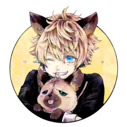  1boy animal blonde_hair blue_eyes grin holding holding_animal hyena hyena_boy hyena_ears looking_at_viewer male_focus night_raven_college_school_uniform one_eye_closed ruggie_bucchi school_uniform short_hair smile solo submarine_(o0azure0o) twisted_wonderland upper_body yellow_background 