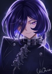  1girl absurdres black_cloak cloak closed_mouth commentary_request crescent crescent_earrings earrings hair_over_one_eye highres jewelry long_hair looking_at_viewer promeia_(zenless_zone_zero) purple_hair smile solo uraomote violet_eyes zenless_zone_zero 