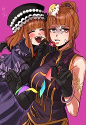  2girls :d absurdres arm_tattoo asymmetrical_gloves belt black_dress black_gloves black_hat blunt_bangs blush bracelet brown_eyes capelet china_dress chinese_clothes closed_eyes dated dress dual_persona elbow_gloves eva_beatrice fangs feeding flower food food_on_face food_on_head gloves grimace hair_bun hat highres jewelry kuya_(hey36253625) multiple_girls object_on_head open_mouth orange_hair pink_background purple_capelet purple_dress red_flower red_rose rose shaded_face sharp_teeth smile string_of_flags tattoo teeth umineko_no_naku_koro_ni upper_teeth_only ushiromiya_eva 
