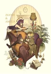  2girls 9twoeight absurdres armchair black_gloves black_shoes black_thighhighs blonde_hair book brown_capelet brown_coat brown_hat brown_skirt candle candlestand capelet chair character_name closed_eyes closed_mouth coat collared_shirt commentary commission crumpled_paper cushion deerstalker detached_sleeves diamond_hairband dress dress_shirt feathered_wings fireplace floor_lamp flower gloves gradient_hair hair_ornament halo hat highres holding holding_book hololive hololive_english lamp lampshade long_hair long_sleeves looking_at_another low_wings magnifying_glass mole mole_under_eye multicolored_hair multiple_girls necktie ninomae_ina'nis ninomae_ina'nis_(1st_costume) on_chair open_book open_clothes open_coat orange_hair painting_(object) paper parted_lips pen picture_frame plant pleated_skirt potted_plant purple_dress purple_hair reclining red_flower red_necktie shirt shoes short_necktie sidelocks single_detached_sleeve skirt sleeping smile stethoscope strapless strapless_dress suitcase syringe tentacle_hair thigh-highs traditional_halo untranslatable_commentary unworn_headwear vase very_long_hair violet_eyes virtual_youtuber watson_amelia watson_amelia_(1st_costume) white_background white_flower white_shirt white_sleeves white_wings wings 