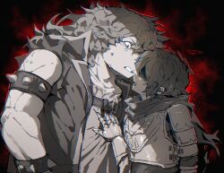 1girl 1other androgynous armlet artist_name collarbone cuirass delta_rune_(symbol) deltarune freckles furry furry_female gauntlets greyscale_with_colored_background highres jewelry kris_(dark_world)_(deltarune) kris_(deltarune) latencyknight long_hair looking_at_another open_clothes open_mouth open_vest reptile_girl shirt short_hair spiked_armlet susie_(dark_world)_(deltarune) susie_(deltarune) sweat twitter_username utdr_(toby_fox) vest 