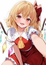  1girl absurdres ascot blonde_hair blush bow collared_shirt commentary_request crystal crystal_wings flandre_scarlet frilled_shirt_collar frilled_skirt frills hair_bow highres looking_at_viewer multicolored_wings one_side_up open_mouth paid_reward_available red_bow red_eyes red_skirt red_vest shironeruka shirt simple_background skirt skirt_set smile solo touhou vest white_background white_shirt wings yellow_ascot 