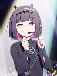  1girl absurdres black_dress black_hairband closed_mouth colored_inner_hair diamond_hairband dress earpiece hairband highres hololive hololive_english looking_at_viewer multicolored_hair ninomae_ina'nis ninomae_ina'nis_(drawn_to_dawn) pink_hair purple_hair sanwanton smile solo spotlight tentacle_hair violet_eyes virtual_youtuber 