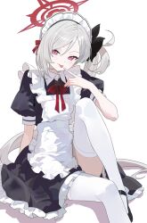  1girl absurdres alternate_costume ankry apron black_dress black_flower black_pantyhose blue_archive breasts dress flower frilled_apron frills grey_hair halo highres long_hair looking_at_viewer maid maid_apron maid_headdress mutsuki_(blue_archive) pantyhose pointy_ears red_halo side_ponytail sitting small_breasts solo tongue tongue_out violet_eyes white_apron 