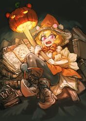  1girl alternate_costume animal_ears black_leggings blonde_hair blush book boots bow bowtie breasts commentary eimi_isami embarrassed english_commentary hair_ornament hairclip hamster_ears hamster_girl hat highres jack-o'-lantern leggings lying on_back open_mouth orange_bow orange_bowtie phase_connect pink_eyes short_hair sussynano virtual_youtuber witch_hat 