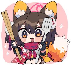  1girl :3 animal_ear_fluff animal_ears blue_archive brown_hair byako_(srktn) chibi chopsticks colored_inner_animal_ears commentary_request elbow_gloves eyeshadow floral_print fork fox_ears fox_girl fox_hair_ornament fox_tail gloves halo holding holding_chopsticks holding_fork izuna_(blue_archive) makeup medium_hair neckerchief open_mouth partially_fingerless_gloves pink_halo pink_neckerchief pink_scarf scarf sidelocks simple_background single_elbow_glove sitting skirt solo tail yellow_eyes 