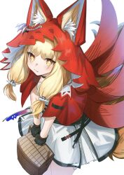  1girl absurdres animal_ear_fluff animal_ears arknights arknights:_endfield basket black_gloves blonde_hair boczitok cloak commentary dress ears_through_hood english_commentary gloves highres holding holding_basket hood hood_up hooded_cloak long_hair looking_at_viewer low_twintails red_cloak rossi_(arknights) simple_background solo star-shaped_pupils star_(symbol) symbol-shaped_pupils tail twintails white_background white_dress wolf_ears wolf_girl wolf_tail yellow_eyes 