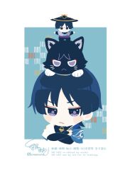  1boy animal_on_head animalization black_bodysuit black_bridal_gauntlets black_cat blue_background blue_cape blunt_ends blush_stickers bodysuit border bridal_gauntlets cape cat cat_on_head character_doll chibi choppy_bangs closed_mouth commentary_request crossed_arms doll eyeliner genshin_impact gold_ring half-closed_eyes hand_on_own_arm highres japanese_clothes kimono kinumond looking_at_viewer makeup male_focus middle_ring on_head person_and_animalization red_eyeliner scaramouche_(cat)_(genshin_impact) scaramouche_(genshin_impact) short_sleeves shoulder_peek side_cape solo stuffed_toy twitter_username violet_eyes wanderer_(genshin_impact) white_border white_kimono white_sleeves white_trim 