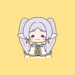  1girl :3 =_= artist_name black_shirt blush_stickers capelet commentary_request dress earrings elf facing_viewer frieren jewelry long_hair parted_bangs pointy_ears rizu_(rizunm) shirt simple_background solo sousou_no_frieren striped_clothes striped_shirt teardrop_earrings twintails upper_body white_capelet white_hair white_shirt yellow_background 