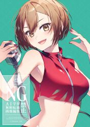  1girl aqua_background brown_eyes brown_hair cable commentary cropped_shirt highres holding holding_microphone kisuke_(nie) meiko_(vocaloid) microphone microphone_stand midriff nail_polish open_mouth red_nails red_shirt shirt signature sleeveless sleeveless_shirt solo vocaloid zipper 