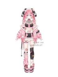  1girl animal_ears arm_belt artist_name asymmetrical_legwear bandaged_leg bandages bandaid bandaid_on_knee bandaid_on_leg belt belt_collar black_bow black_collar black_skirt black_thighhighs blister_pack blue_eyes bow bow_legwear breasts buttons closed_mouth collar commentary commission cross-laced_clothes cross-laced_skirt cross-laced_sleeves cross-laced_top dot_nose english_commentary eyelashes fake_animal_ears frilled_jacket frilled_skirt frilled_thigh_strap frilled_thighhighs frills full_body gradient_hair hair_between_eyes hair_bow hair_intakes hair_ornament halterneck heart heart-shaped_pupils heart_button heart_collar highres jacket jacket_bow jacket_partially_removed leg_warmers light_blush long_hair medium_breasts midriff multicolored_hair open_clothes open_jacket original paperclip pink_bow pink_hair pink_leg_warmers pink_shoes rabbit_ears reiirr13 shoes simple_background single_thighhigh skirt sneakers solo streaked_hair symbol-shaped_pupils thigh-highs thigh_strap twintails uneven_legwear watermark wavy_hair white_background white_belt white_bow white_headdress white_leg_warmers white_streaks x_hair_ornament 