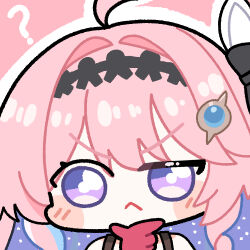  1girl :< chibi chibi_only colored_inner_hair commentary denia_(wuthering_waves) english_commentary gloves hair_intakes hair_ornament hand_on_own_chin long_hair looking_at_viewer multicolored_hair pink_hair portrait purple_hair red_gloves solo sticker_(medium) thinking twomoon v-shaped_eyebrows violet_eyes wuthering_waves 