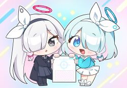  :d :o absurdres arona_(blue_archive) black_coat black_eyes black_hairband black_sailor_collar black_serafuku blue_archive blue_eyes blue_hair blue_halo blue_shirt blush bow_hairband braid chibi choker coat colored_inner_hair commentary_request hair_over_one_eye hairband halo highres korean_commentary long_hair long_sleeves looking_at_viewer multicolored_hair neckerchief one_eye_covered open_mouth pink_hair plana_(blue_archive) recruitment_(blue_archive) red_halo red_pupils ribbon sailor_collar school_uniform serafuku shirt short_hair single_braid skirt smile sucong very_long_hair white_hair white_hairband white_neckerchief white_ribbon white_sailor_collar white_skirt 