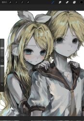  1boy 1girl aqua_eyes bare_shoulders black_sailor_collar black_sleeves blonde_hair bow choker closed_mouth commentary_request crying crying_with_eyes_open detached_sleeves dot_nose eyes_visible_through_hair frown hair_bow hair_intakes hands_on_another's_shoulders headphones highres ilung kagamine_len kagamine_rin korean_commentary light_blush long_hair necktie parted_bangs parted_lips procreate_(medium) sailor_collar shirt short_hair short_sleeves simple_background tears upper_body vocaloid white_background white_bow white_choker white_shirt yellow_necktie 