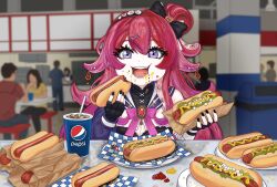  1girl absurdres berrycrepe black_nails brooch crumbs cup disposable_cup eating fingerless_gloves fluffycataaa food food_court food_on_face gloves high_side_ponytail highres holding holding_food hot_dog jewelry ketchup mustard pepsi ponytail red_hair side_ponytail tentacle_hair violet_eyes 