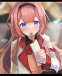 1girl :o artist_name bangs black_hairband blue_eyes blurry blurry_background bow bowtie brown_hair churro eating hairband highres long_sleeves looking_at_viewer nijisanji open_mouth outdoors red_bow red_bowtie solo suo_sango togemaru_(h2so4) upper_body virtual_youtuber 