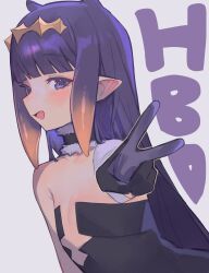  :d absurdres armpit_crease bare_shoulders black_collar black_dress black_gloves blunt_bangs blush collar commentary diamond_hairband dress fang flat_chest fur-trimmed_collar fur_trim gloves happy_birthday highres hololive hololive_english kiwwwwwi long_hair looking_at_viewer looking_to_the_side multicolored_hair ninomae_ina'nis open_mouth orange_hair pointy_ears purple_hair sideways_glance simple_background smile straight_hair tentacle_hair v violet_eyes virtual_youtuber white_background 