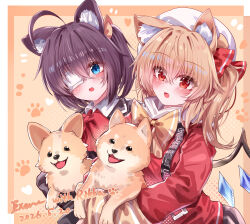  2girls absurdres ahoge alternate_costume animal animal_ear_fluff animal_ears blonde_hair blue_eyes blush bow bowtie brown_hair chinese_commentary chuunibyou_demo_koi_ga_shitai! collared_shirt commentary_request crossover crystal crystal_wings dated dog dog_ears dog_girl eyepatch fang flandre_scarlet hat highres holding holding_animal holding_dog hood hoodie kemonomimi_mode looking_at_viewer medical_eyepatch multicolored_wings multiple_girls one_side_up open_mouth red_bow red_bowtie red_eyes red_hoodie shiba_inu shirt signature smile takanashi_rikka top-exerou touhou white_hat white_shirt wings yellow_bow yellow_bowtie 
