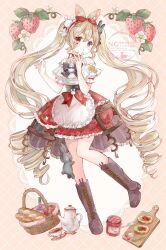  1girl :o animal animal_ear_fluff animal_ears animal_on_leg animal_print apple apron argyle_background baguette bare_shoulders basket black_boots black_bow black_bowtie black_rabbit_(animal) blonde_hair boots bottle bow bowtie bread brown_background bubble_skirt butter_knife checkered_clothes checkered_skirt choker commentary_request commission crinoline cup cutting_board double-parted_bangs dress drill_hair facial_mark food frilled_apron frilled_choker frilled_skirt frills fruit full_body gear_hair_ornament gears hair_between_eyes hair_bow hair_ornament hand_on_own_chin hands_up heart heart_facial_mark heterochromia high-low_skirt highres indie_virtual_youtuber jam jar knee_boots knees_together_feet_apart knife lace-up_boots layered_skirt long_hair maid_headdress off-shoulder_dress off-shoulder_shirt off_shoulder open_mouth print_skirt puffy_short_sleeves puffy_sleeves purple_skirt rabbit rabbit_ears rabbit_girl rabbit_hair_ornament rabbit_ornament rabbit_print red_bow red_choker red_eyes red_skirt rika_beo_(vtuber) saucer shirt short_eyebrows short_sleeves sidelocks skeb_commission skirt solo standing standing_on_one_leg strawberry tea teacup teapot tententuyu twin_drills twintails two-tone_skirt very_long_hair violet_eyes virtual_youtuber waist_apron waist_bow watermark white_apron white_shirt wine_bottle 