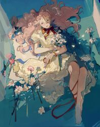  1girl barefoot blue_hair bracelet chinese_commentary commentary_request curtains dress flower gold_bracelet highres holding holding_flower holding_scissors indoors jewelry leg_ribbon long_hair looking_at_viewer lying muyihui on_back original parted_lips pink_hair red_ribbon ribbon scissors signature solo white_flower yellow_dress 