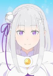  1girl absurdres blue_pupils blunt_bangs bodysuit cloak closed_mouth commentary emilia_(re:zero) facing_viewer flower grey_hair hair_flower hair_ornament highres hood hood_down hooded_jacket jacket looking_at_viewer official_alternate_costume re:zero_kara_hajimeru_isekai_seikatsu smile solo upper_body white_cloak x_hair_ornament ziz_(pixiv_108401176) 