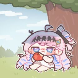  1girl ahoge apple blue_eyes blue_hair colored_inner_hair commentary_request denia_(wuthering_waves) dress eating food fruit holding holding_food holding_fruit korean_commentary long_hair monyami multicolored_hair outdoors patchwork_clothes pink_hair solo tearing_up white_dress wuthering_waves 