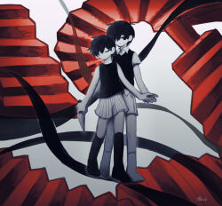  2boys antenna_hair black_eyes black_hair black_socks black_sweater_vest black_tank_top closed_eyes closed_mouth collared_shirt commentary dual_persona etursaemajoris hair_between_eyes highres holding holding_knife invisible_floor kneehighs knife looking_at_viewer male_focus multiple_boys omori omori_(omori) shirt short_hair shorts socks stairs standing striped_clothes striped_shorts sunny_(omori) sweater_vest tank_top vertical-striped_clothes vertical-striped_shorts white_shirt white_shorts white_socks 