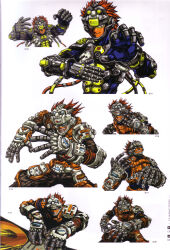  1boy absurdres armor artbook beatmania_iidx bemani crease dark-skinned_male dark_skin dj goli_matsumoto grin headphones highres looking_at_viewer male_focus multiple_views official_art open_mouth q-jack red_hair scan scan_artifacts short_hair simple_background smile spiky_hair third-party_source turntable white_background 