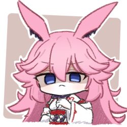  1girl :< animal_ears applecereal commentary detached_sleeves fox_ears honkai_(series) honkai_impact_3rd japanese_clothes kimono long_hair looking_at_viewer nontraditional_miko pink_hair short_kimono solo untranslatable_commentary v-shaped_eyebrows violet_eyes white_kimono white_sleeves yae_sakura yae_sakura_(gyakushinn_miko) 