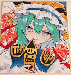  1girl asymmetrical_hair blue_eyes blue_hat blue_vest commentary_request epaulettes flower frilled_hat frills green_hair hair_between_eyes hat highres long_sleeves looking_at_viewer medium_hair moni_monico open_mouth photo_(medium) red_flower rod_of_remorse shiki_eiki shikishi shirt smile solo spider_lily touhou traditional_media vest white_shirt 