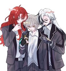  3boys ahoge alternate_costume aqua_eyes argenti_(honkai:_star_rail) armor belt black_armor black_belt black_gloves black_hair black_jacket black_pants boothill_(honkai:_star_rail) bullet_earrings buttons caelus_(honkai:_star_rail) cellphone collared_shirt commentary_request cowboy_shot cyborg earrings fingerless_gloves gloves graphia_academy_school_uniform green_necktie grey_eyes grey_hair hair_between_eyes hair_over_one_eye half-closed_eye hand_up highres holding holding_phone honkai:_star_rail honkai_(series) index_finger_raised jacket jewelry lapels long_hair long_sleeves looking_at_phone male_focus mechanical_hands multicolored_hair multiple_boys necktie official_alternate_costume open_clothes open_jacket open_mouth pants phone pocket pointing red_hair red_pupils school_uniform shirt short_hair sidelocks simple_background smartphone smile standing streaked_hair striped_clothes striped_necktie teeth tongue trailblazer_(honkai:_star_rail) two-tone_hair v-shaped_eyebrows wavy_hair white_background white_hair white_shirt yellow_eyes yy_bnd 