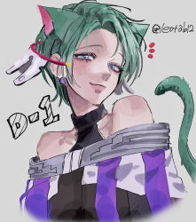  1girl animal_ears bare_shoulders blue_eyes cat_ears cat_girl commentary_request dress earrings gloves gnosia green_hair highres jewelry korean_commentary leotab12 looking_at_viewer makeup short_hair simple_background sleeveless sleeveless_dress smile solo stella_(gnosia) upper_body 