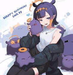  1girl :d absurdres alternate_costume alternate_hairstyle black_jacket black_shorts black_thighhighs blue_eyes blunt_bangs center-flap_bangs commentary english_commentary gradient_hair halo happy_birthday highres holding hololive hololive_english jacket jewelry looking_at_viewer mole mole_under_eye multicolored_hair necklace ninomae_ina'nis off_shoulder open_mouth orange_hair pointy_ears purple_hair short_hair short_shorts shorts sidelocks simuyutou single_sleeve_past_fingers sitting smile solo takodachi_(ninomae_ina'nis) tank_top tentacle_hair thigh-highs virtual_youtuber white_tank_top 