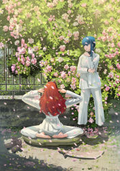  2girls absurdres ahoge blue_hair boots eris_greyrat fence flower flower_bush hand_on_own_elbow headband highres iron_fence japanese_clothes kimono long_hair looking_to_the_side multiple_girls mushoku_tensei nina_farion outdoors petals pillow red_hair stretching sword user_hdng4252 weapon white_kimono 