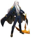  1boy absurdres beard blue_pants facial_hair full_body game_cg god_of_harvest_kamael guardian_tales highres holding holding_weapon jacket jacket_on_shoulders long_hair looking_at_viewer official_art pants solo standing transparent_background watch weapon white_hair yellow_eyes 