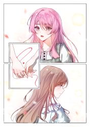  2girls bang_dream! bang_dream!_it's_mygo!!!!! blush brown_hair chihaya_anon closed_mouth commentary fang grey_eyes heart highres holding_hands long_hair multiple_girls nagasaki_soyo open_mouth pink_hair sokat string string_of_fate yuri 