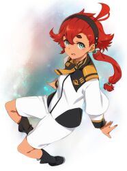  1girl asticassia_school_uniform black_boots black_hairband blue_eyes boots commentary_request dark-skinned_female dark_skin gundam gundam_suisei_no_majo hair_between_eyes hairband highres kawata_hisashi long_hair long_sleeves looking_at_viewer necktie open_mouth red_hair school_uniform shorts simple_background solo suletta_mercury thick_eyebrows white_shorts 