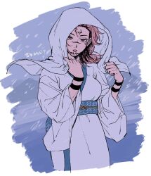  1girl adjusting_hood arm_tattoo black_hair blue_background blue_sash border bow breasts commentary cowboy_shot facial_tattoo genderswap genderswap_(mtf) hands_up highres hood hood_up japanese_clothes jujutsu_kaisen kimono large_breasts lips long_sleeves looking_at_viewer mesuki_peropero multicolored_hair nose parted_lips pink_hair red_eyes ryoumen_sukuna_(jujutsu_kaisen) sash sash_bow snowing solo tattoo teeth translation_request two-tone_hair untranslatable_commentary white_border white_hood white_kimono wide_sleeves yellow_bow 