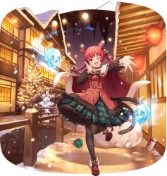 2girls :d ;d alternate_costume animal_ear_fluff animal_ears artist_request belt black_bow black_bowtie black_choker blush boots bow bowtie box braid brown_pantyhose brown_wings cape cat_ears cat_tail choker christmas christmas_tree dress extra_ears feathered_wings fire flaming_skull floating_skull full_body fur-trimmed_cape fur-trimmed_dress fur_trim game_asset gift gift_box green_skirt hair_bow kaenbyou_rin lace-trimmed_skirt lace_trim lantern leg_up looking_at_viewer multiple_girls multiple_tails nekomata night non-web_source official_art one_eye_closed open_mouth outdoors pantyhose paper_lantern plaid_clothes plaid_skirt red_belt red_boots red_cape red_hair red_shirt sack self-datamine shirt simple_background skirt skull smile snow snowing solo_focus tail touhou touhou_arcadia_record transparent_background twin_braids two_tails white_dress wings 