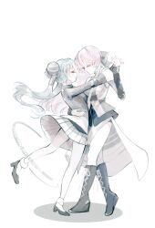  2girls aqua_hair arm_around_another's_back bare_legs black_boots black_bow black_sleeves boots bow breasts commentary dancing detached_sleeves double_bun grey_shirt grey_skirt hair_bow hair_bun hand_up hatsune_miku hatsune_miku_(conflict) highres holding_hands lace-up_boots large_breasts long_hair long_sleeves megurine_luka megurine_luka_(conflict) multiple_girls pale_colors pink_hair pleated_skirt shadow shirt side_slit skirt sleeveless sleeveless_shirt small_breasts smile song_name tojirou_(usagi31415) twintails two-tone_shirt very_long_hair vocaloid white_skirt world's_end_dancehall_(vocaloid) 