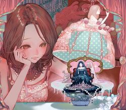  2girls black_dress black_hair black_veil brown_eyes brown_hair dress giant giantess highres jewelry komatsu_nana mini_person minigirl multiple_girls nana_(series) necklace osaki_nana pearl_necklace pink_dress pink_nails serving_dome tiara veil vimpirerose 