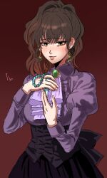  1girl absurdres ascot bead_necklace beads blush breasts brooch brown_background brown_eyes brown_hair dated dress earrings gradient_hair high_ponytail highres holding holding_jewelry jewelry juliet_sleeves kuya_(hey36253625) light_smile long_sleeves multicolored_hair necklace ponytail puffy_sleeves purple_ascot purple_dress purple_shirt shirt umineko_no_naku_koro_ni upper_body ushiromiya_natsuhi 