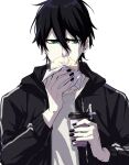  1boy bangs black_coat black_hair black_nails bleach coat food green_eyes hair_between_eyes highres hishui_prpr holding holding_food hooded_coat long_sleeves male_focus nail_polish open_clothes open_coat shiny shiny_hair shirt short_hair simple_background solo ulquiorra_cifer upper_body white_background white_shirt 