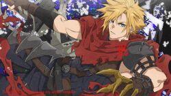  1boy armor blonde_hair blue_eyes blue_pants blue_shirt brown_gloves buster_sword clawed_gauntlets cloak cloud_strife earrings final_fantasy final_fantasy_vii fingerless_gloves gloves hair_between_eyes holding holding_sword holding_weapon jewelry kingdom_hearts leather_armor looking_at_viewer male_focus pants parted_bangs parted_lips pauldrons red_cloak sharp_teeth shirt short_hair shoulder_armor single_earring single_pauldron solo sword teeth twitter_username weapon x_xayaka 