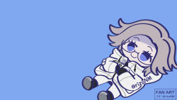  1boy aotsuki_eito artist_name black_gloves black_shoes blue_background blue_eyes commentary_request danganronpa_(series) glasses gloves grey_hair highres jacket lying male_focus on_back pants rizu_(rizunm) shoes simple_background smile solo the_hundred_line_-last_defense_academy- watermark white_jacket white_pants 
