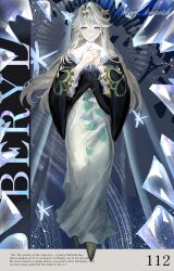  1girl bare_shoulders beryl_bouanich black_cloak blue_eyes character_name character_signature cloak commentary crescent crescent_earrings crystal crystal_earrings dragonfly_hair_ornament dress earrings english_text floating_earrings fragrance_(freakyduck9000) full_body grey_background grey_hair grey_shoes hands_up highres jewelry long_dress long_hair looking_at_viewer mismatched_earrings own_hands_together reverse:1999 shoes smile solo white_dress 