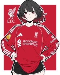  1girl bambi_surprise bare_legs black_hair black_shorts confident gradient_hair highres jersey looking_at_viewer multicolored_hair original red_background red_eyes red_hair red_jersey short_hair shorts simple_background smile solo two-tone_background white_background 