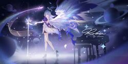  1girl absurdres aqua_eyes bare_shoulders blue_hair caisena chinese_commentary commentary_request detached_sleeves dress full_body gloves grand_piano hair_between_eyes halo halo_behind_head head_wings highres honkai:_star_rail honkai_(series) instrument jewel_under_eye long_hair piano purple_dress robin_(honkai:_star_rail) scepter smile solo strapless strapless_dress two-tone_dress white_dress white_gloves white_wings wings 